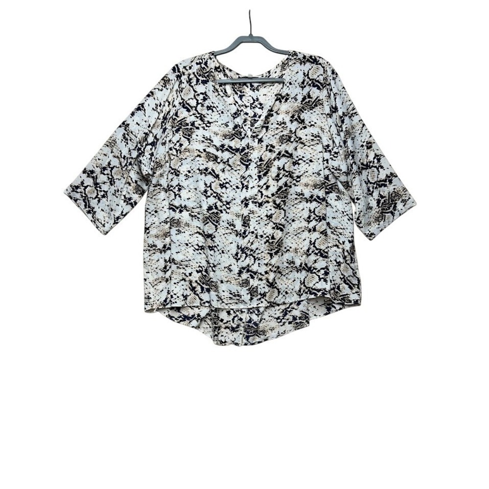 Rose + Olive Womens Snakeskin Print V-Neck 3/4 Sleeve Blouse Plus 3X Neutral